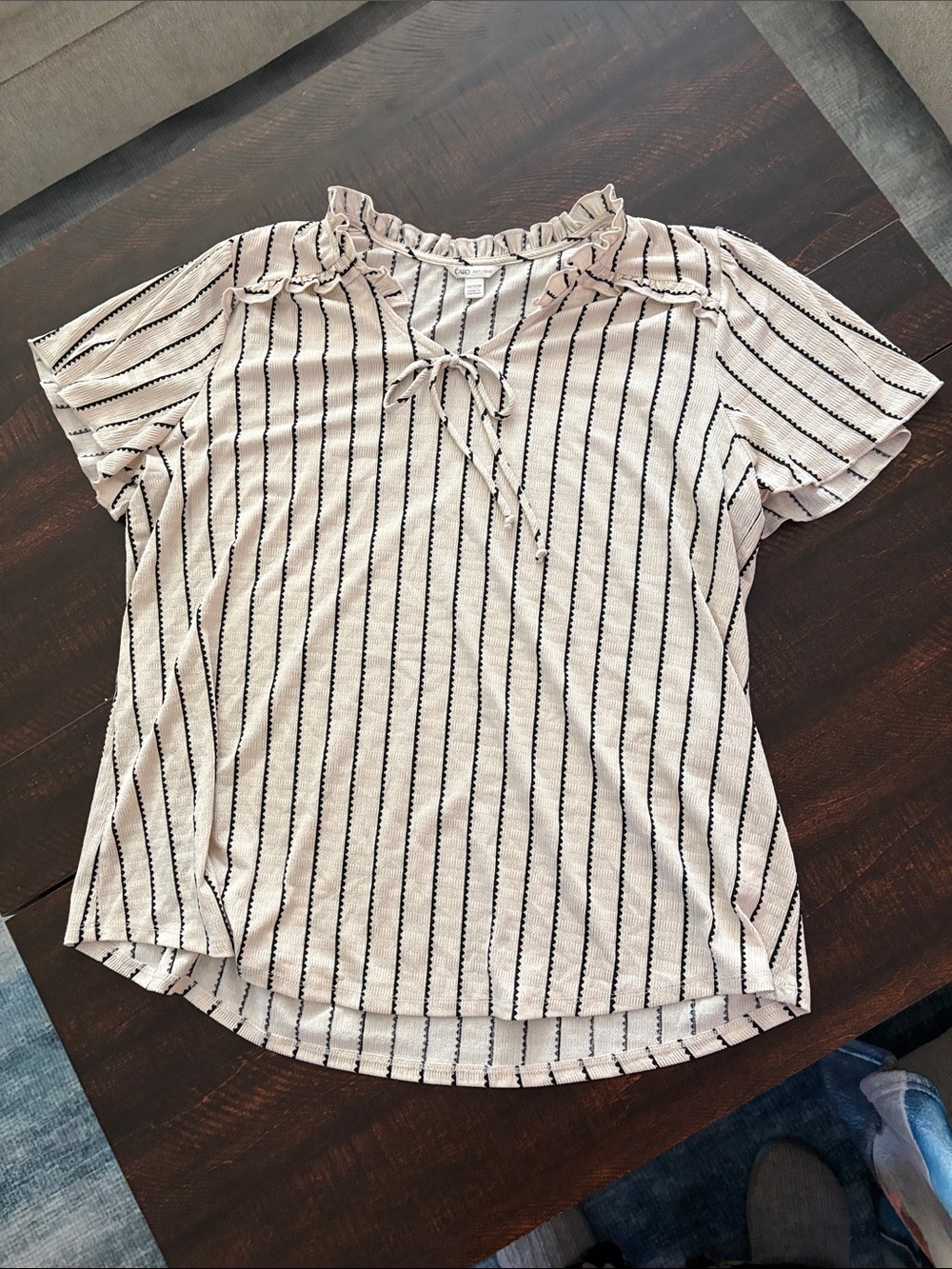 Cato Cream Top with Black Vertical Stripes and Ruffle Tie Neck